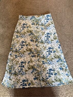 Floral A-Line Midi Skirt in Blue & Olive